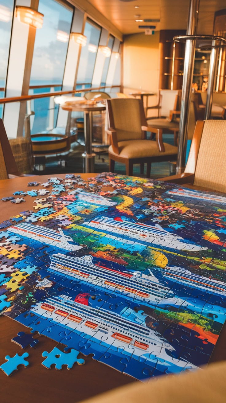 A colorful cruise-themed puzzle set partially assembled on a table with a view of the ocean through large windows.