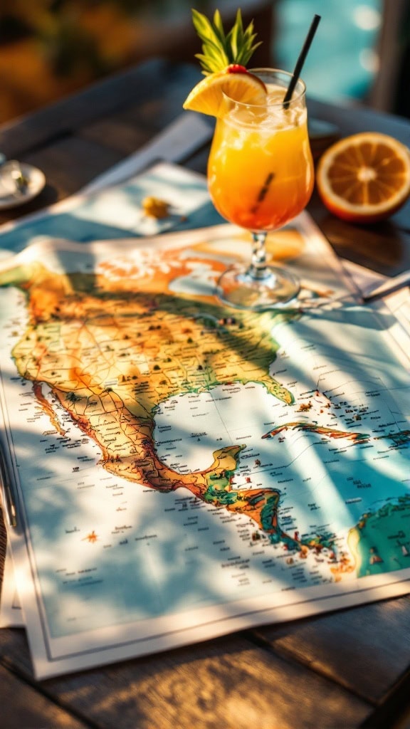 A colorful cruise map with a tropical drink and sunglasses on a wooden table by the sea.