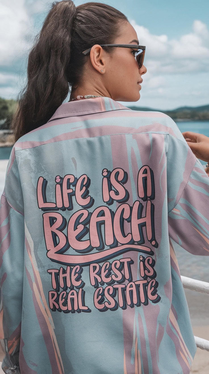 A woman wearing a colorful shirt that says 'Life is a beach! The rest is real estate' while enjoying a cruise.