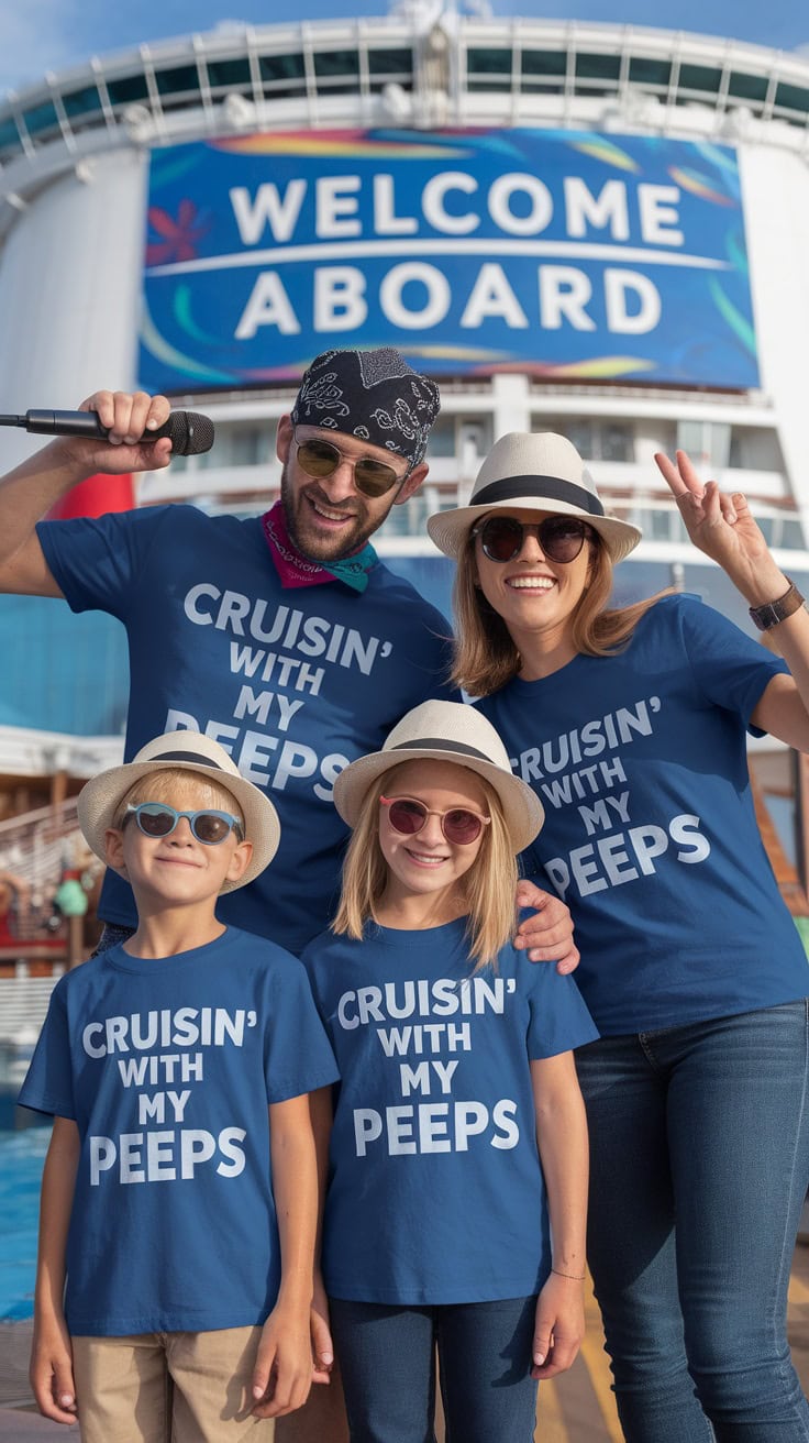 A family of four stands in front of a cruise ship, all sporting fun designs on matching shirts reading "Cruisin' with my Peeps." The parents hold microphones while the mother flashes a peace sign. A "Welcome Aboard" sign is visible in the background, completing their family cruise adventure look.