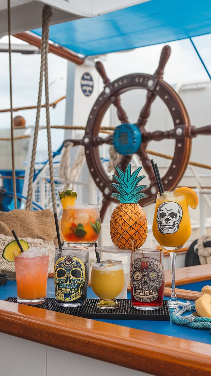 A display of colorful and themed drinkware on a cruise ship deck.