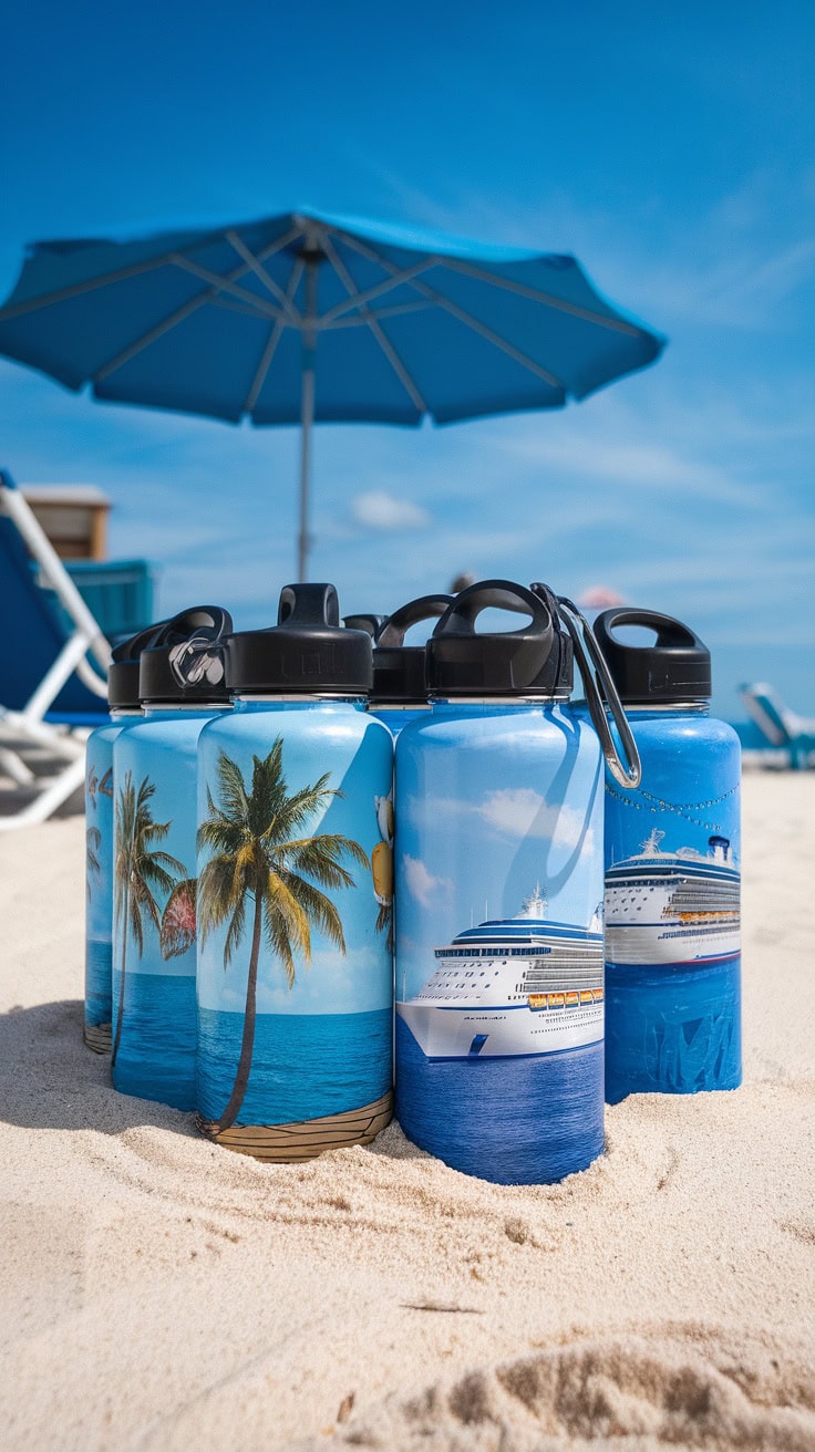 Colorful customized water bottles with beach and cruise ship themes on the sand
