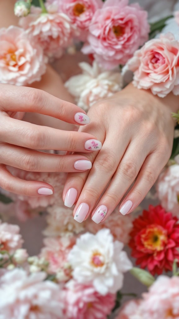 Short nails with delicate floral designs surrounded by flowers.