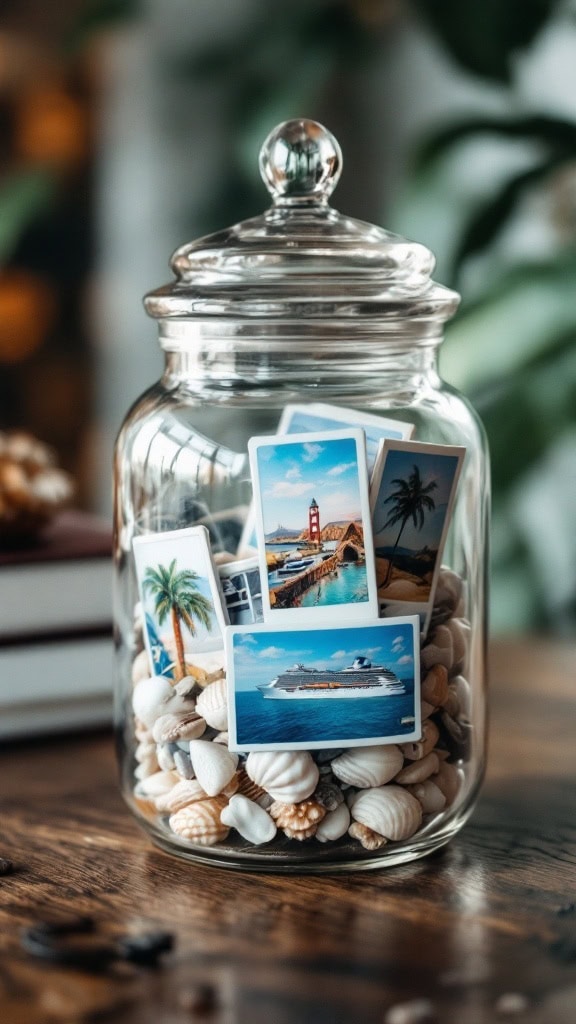 A glass jar filled with seashells and postcards from a cruise.
