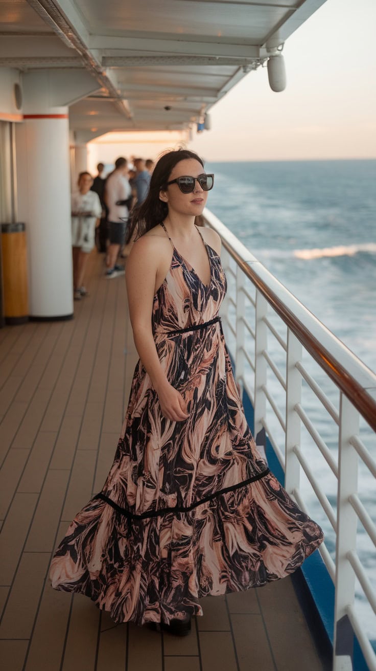 A woman in a maxi dress standing on a cruise ship deck with the ocean in the background.