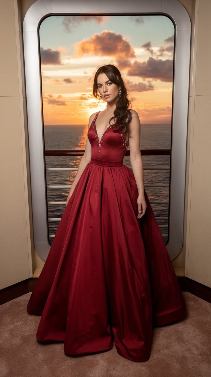 A woman in a stunning red gown posing in front of a sunset view on a cruise.