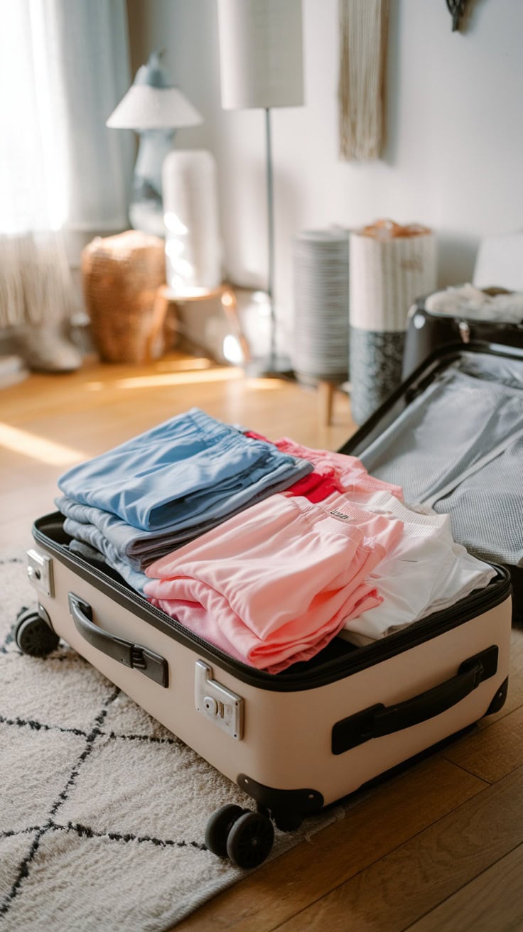 A neatly packed suitcase with colorful clothing items, including shorts and t-shirts, ready for a cruise trip.