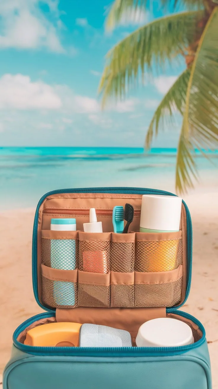 An open blue travel toiletry bag, part of the ultimate cruise care package, sits on a sandy beach with bottles, a toothbrush, and tubes neatly organized inside. The background reveals turquoise ocean water and a palm tree beneath the clear blue sky.