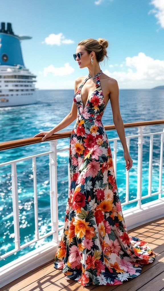 Elegant halter neck gown with floral design