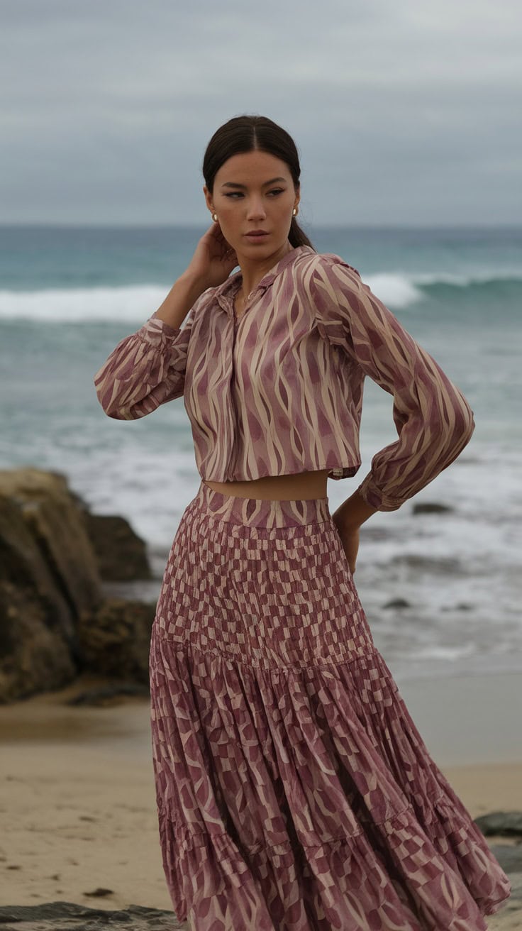 A woman wearing a fashionable skirt set by the beach with waves in the background.