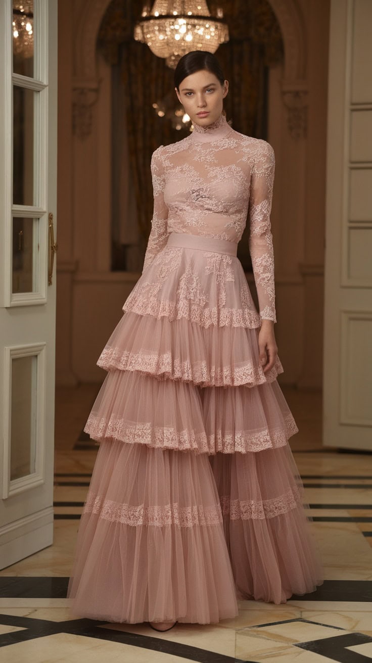 A model wearing a layered tulle skirt gown in soft pink with lace details, posing elegantly indoors.