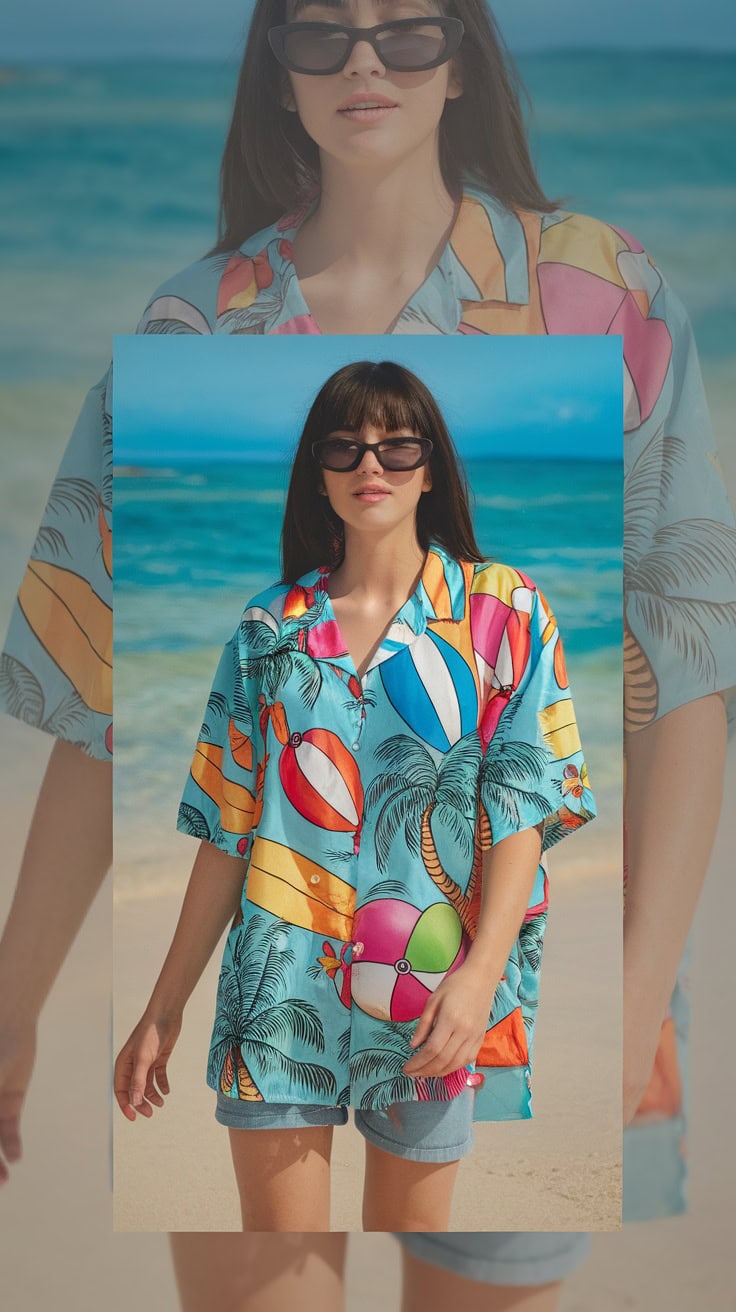 A woman wearing a vibrant beach-themed shirt with colors and patterns representing beach balls and palm trees