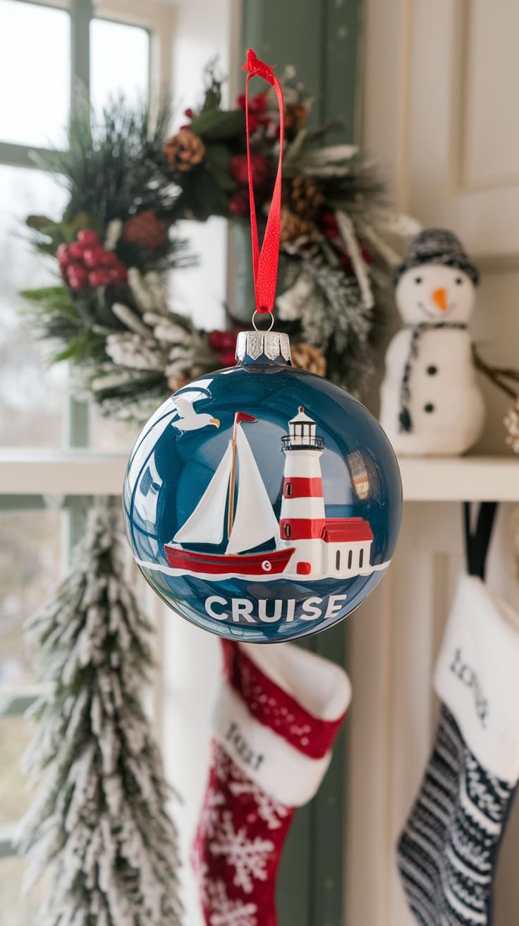 A decorative blue ornament featuring a lighthouse and a sailboat with the word 'CRUISE' written on it.