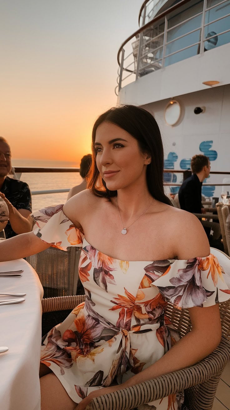 A woman wearing a floral sundress sitting at a table during sunset.