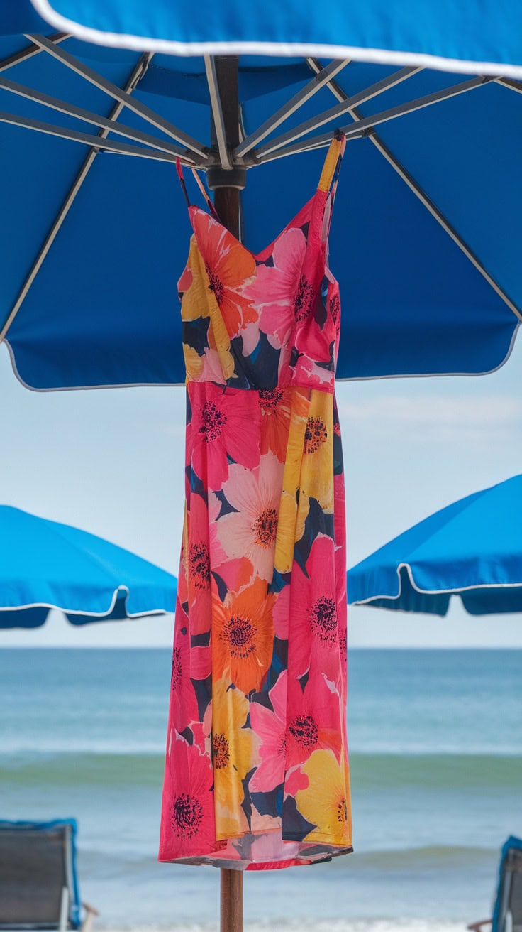 A vibrant floral sundress hanging under a blue beach umbrella