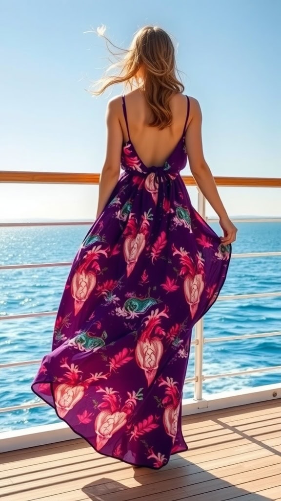 A woman in a purple, floral maxi dress stands on a ship's deck, embodying the essence of formal cruise outfits. Her hair is down as she dazzles onboard, gazing out at the clear blue sky and endless ocean.