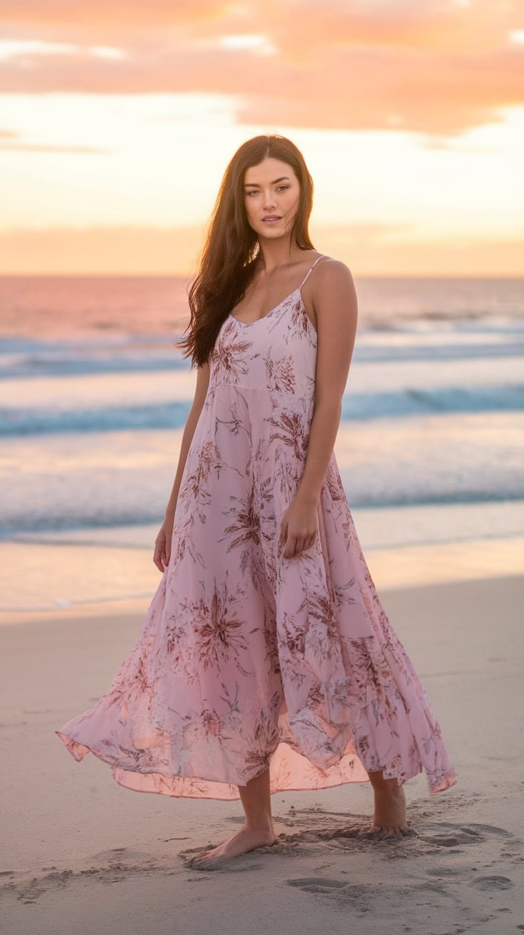 A flowy sundress draped over a chair with a sunset view