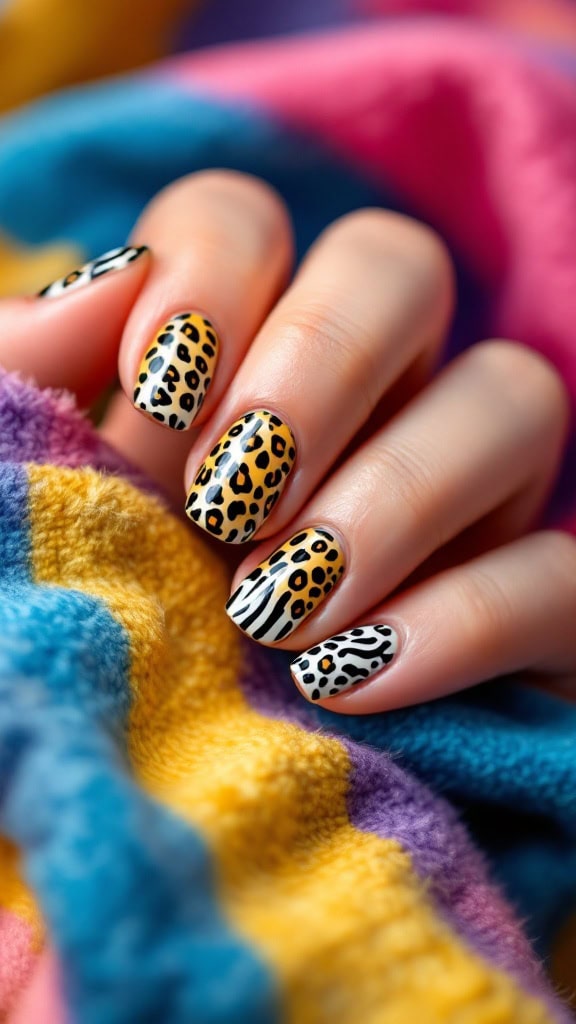 Close-up of short nails featuring animal prints in leopard and zebra patterns.