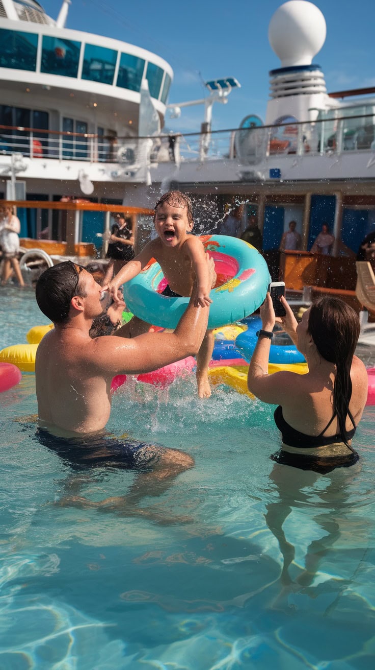 Family having fun at the pool on a cruise, with a child playing and splashing water.