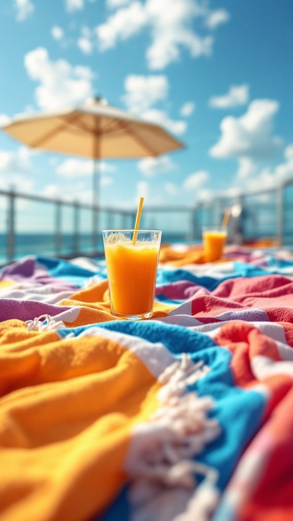 Colorful beach towels laid out with drinks on a sunny deck
