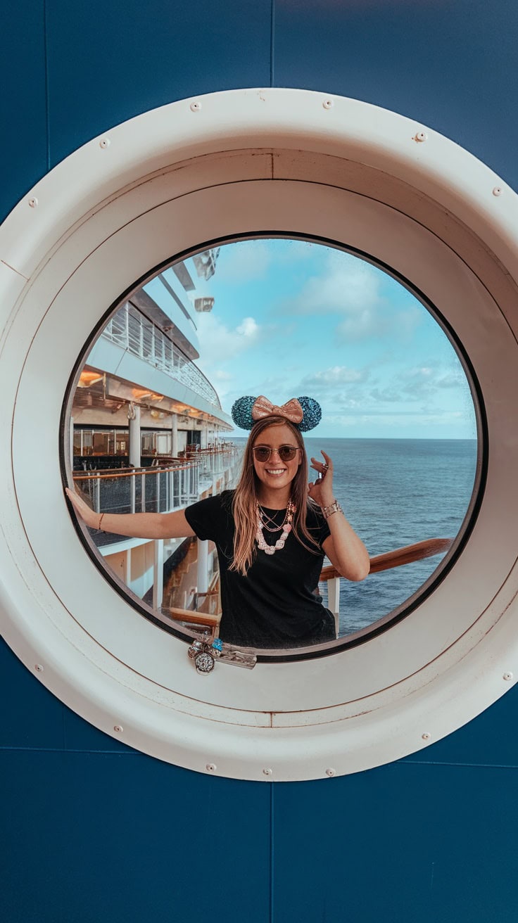 A woman in a black shirt, sunglasses, and blue sequined Mickey Mouse ears stands smiling in a ship's porthole. Her magical Disney Cruise outfit shines against the ocean backdrop and cloudy sky.