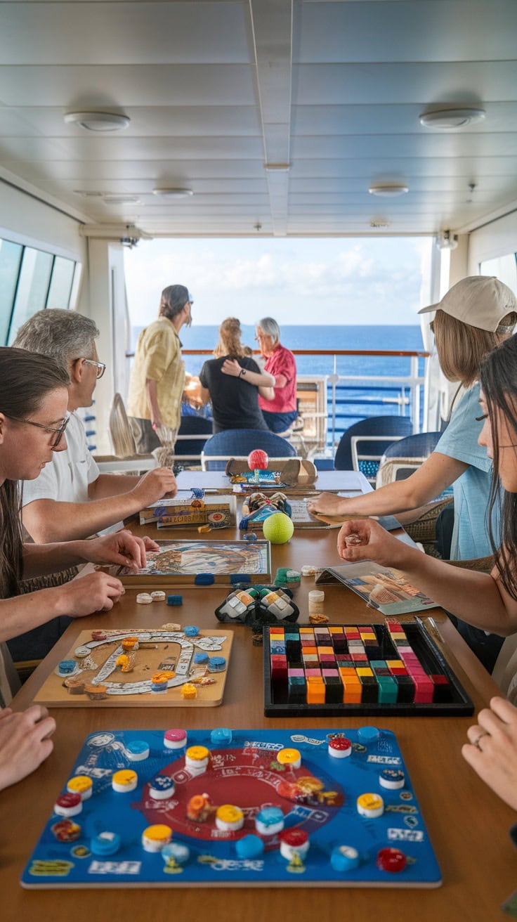 A group of people enjoying board games on a cruise ship.