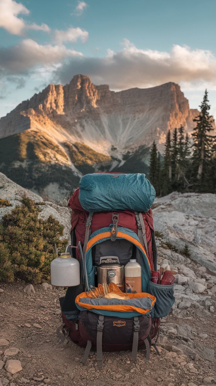 A colorful backpack with camping gear and snacks, set against a mountainous backdrop.