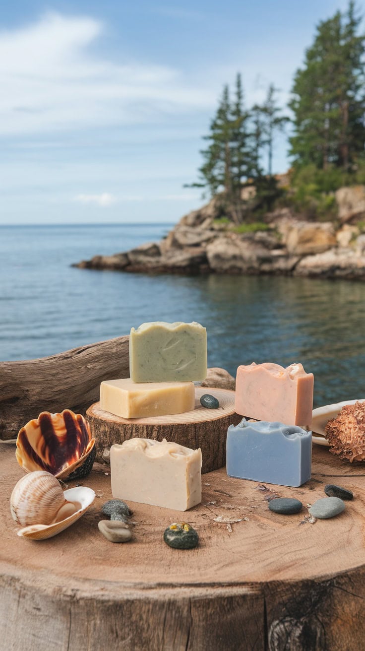 A selection of colorful handmade soaps arranged on a wooden surface near a beach.