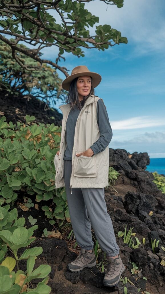 A person stands on a rocky terrain near lush green plants and trees, donning essential items like a wide-brimmed hat, gray long-sleeve shirt, beige vest, and gray pants. In the background of this Hawaiian cruise scene, the ocean shimmers under a blue sky.
