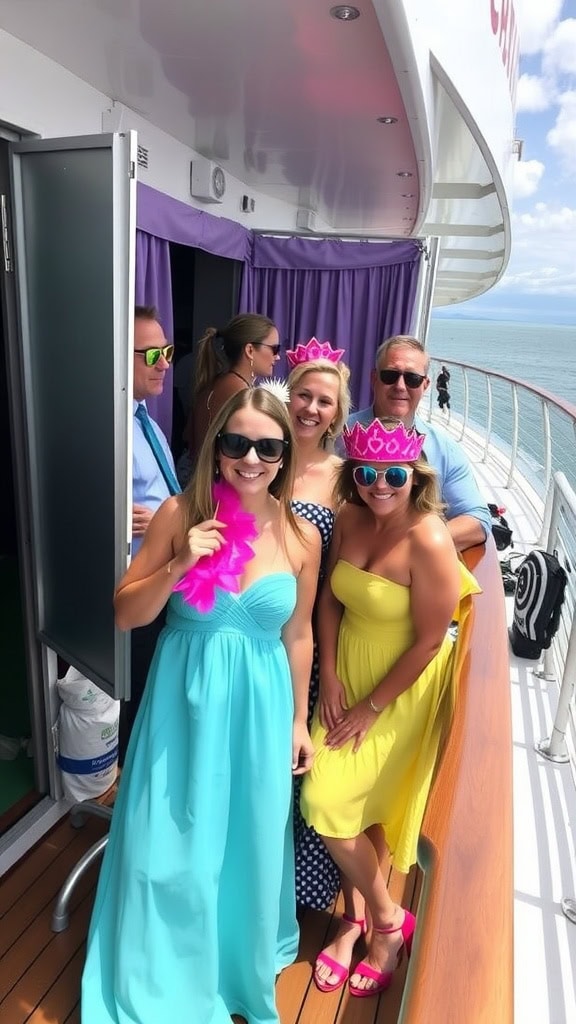 Group of people posing with a photo booth setup featuring a rainbow and a flamingo.
