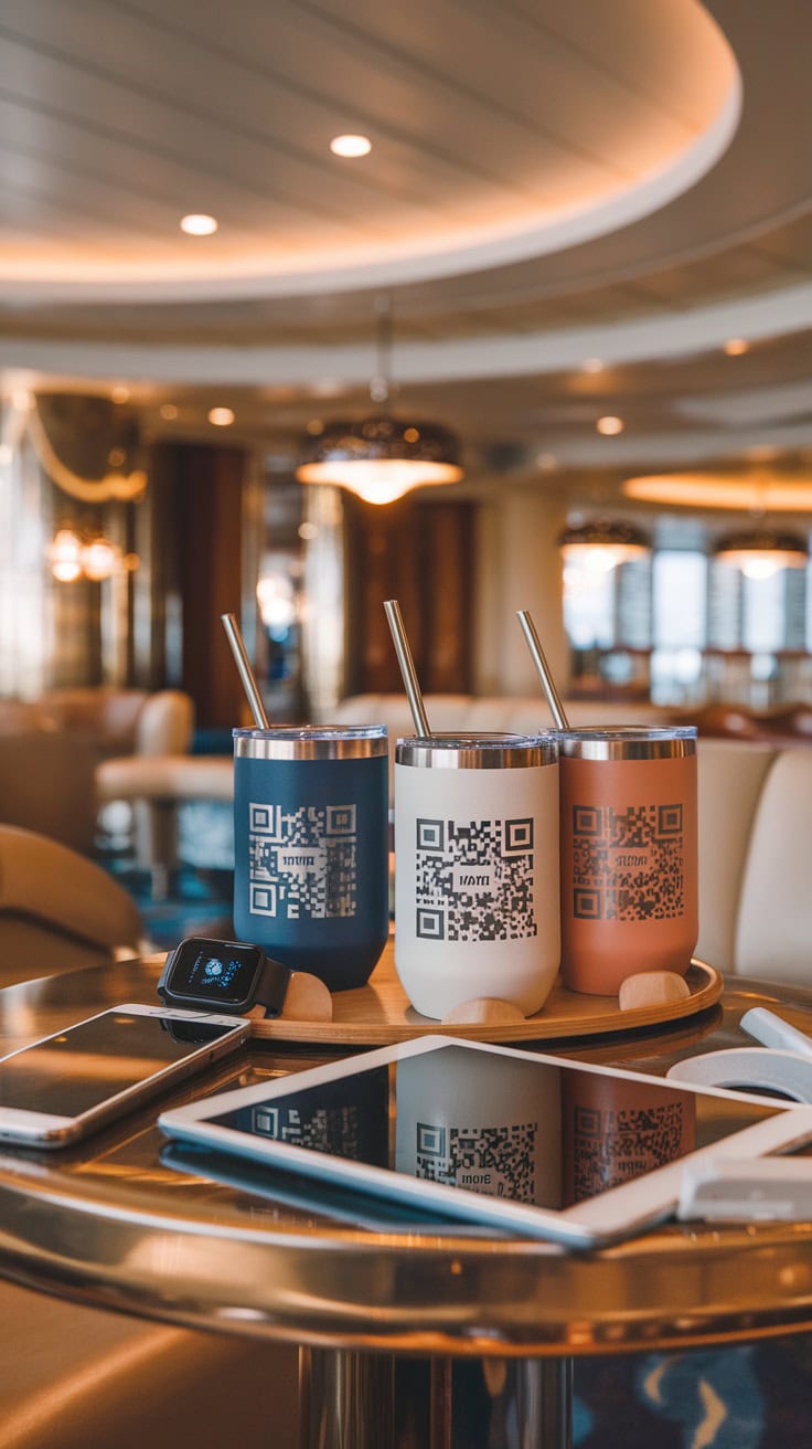 Three tumblers with QR codes on a table, surrounded by tech gadgets.