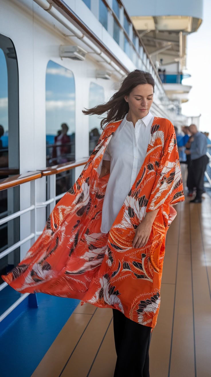 A woman wearing a colorful kimono on a cruise ship deck, flowing fabric in the wind.