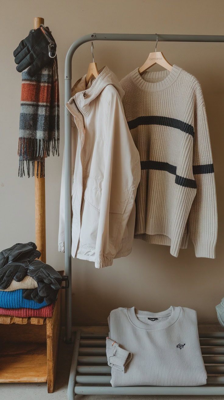 A collection of layered clothing items including a jacket, sweaters, and gloves, ideal for variable weather.