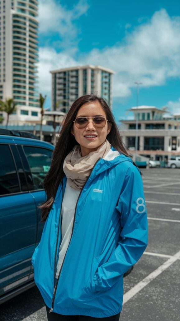 A person wearing a blue jacket and sunglasses stands beside a blue car in a parking lot, checking off essential items from their packing list. Tall buildings rise in the background under a partly cloudy sky, possibly dreaming of an upcoming Hawaiian cruise.