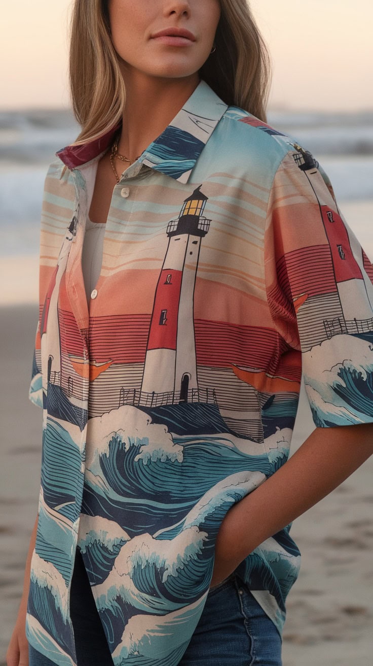 A close-up of a person wearing a colorful shirt featuring lighthouse and wave prints.