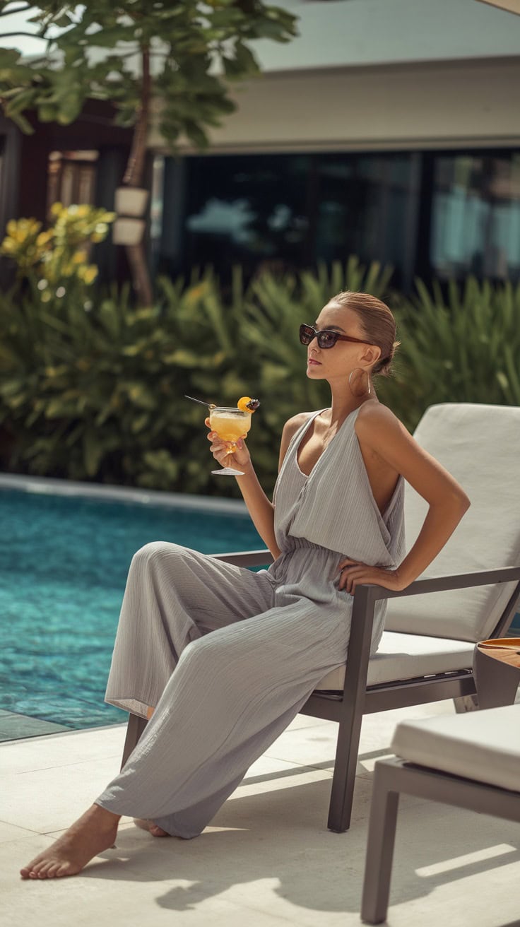 A woman in a lightweight gray jumpsuit sitting by a pool, enjoying a cocktail.