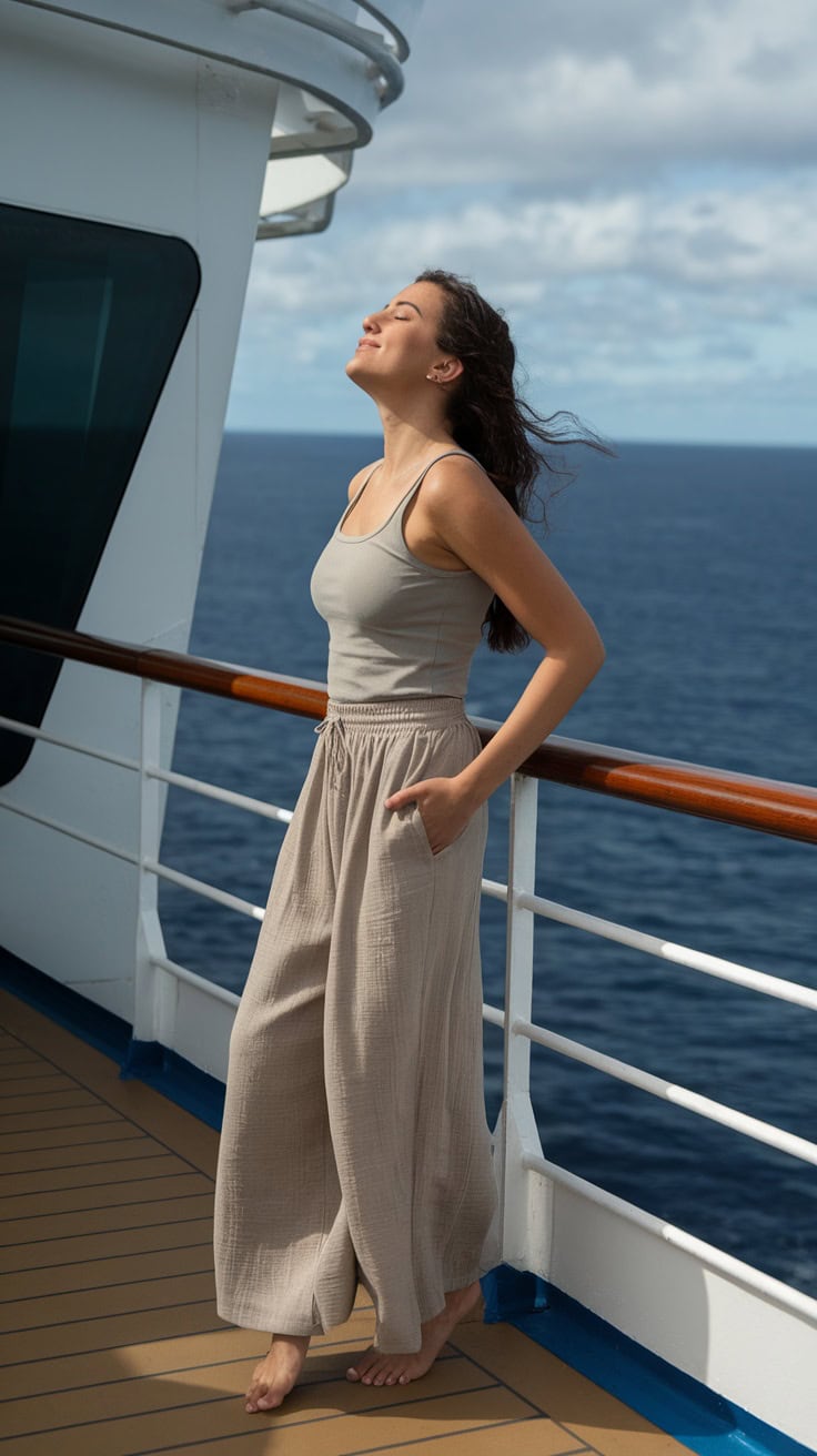 A woman wearing lightweight linen pants and a tank top on a cruise ship, enjoying the sea breeze.