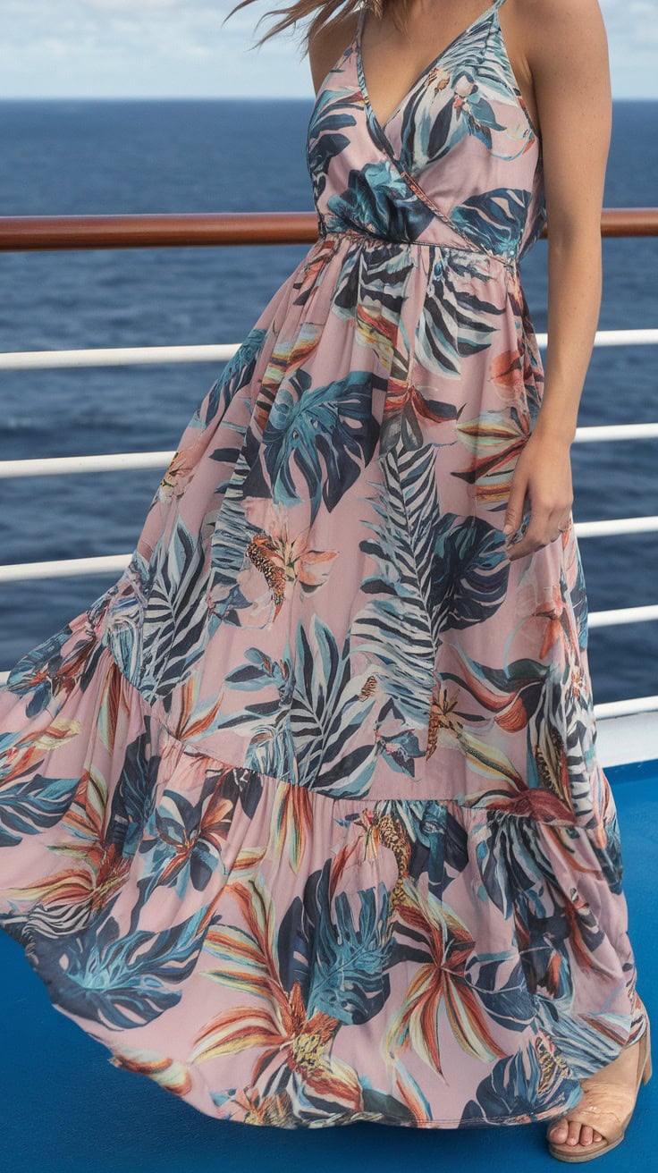 A woman wearing a lightweight floral maxi dress on a cruise.