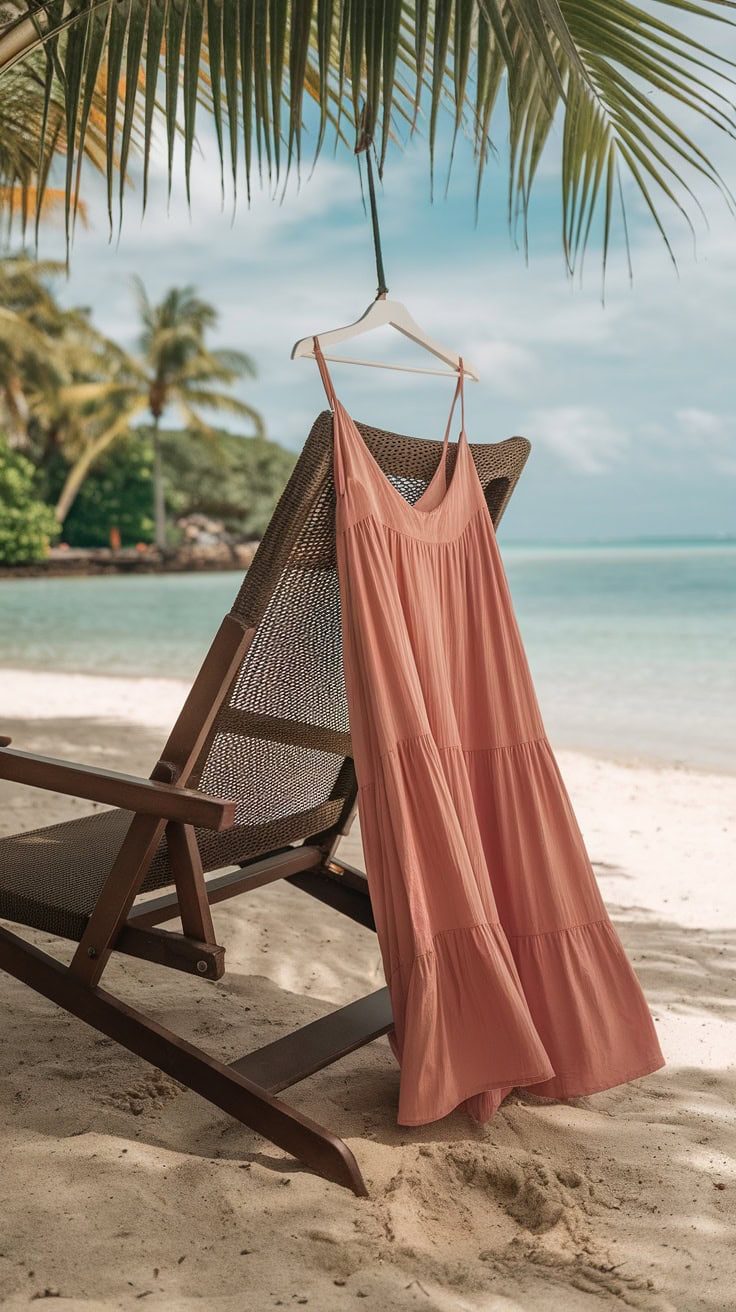 Lightweight maxi dress hanging on a chair by the beach