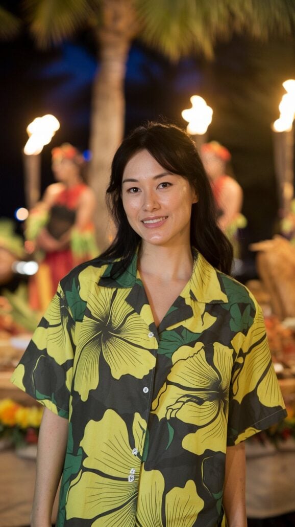 A person wearing a yellow and green patterned shirt is smiling at the camera, capturing memories from their Hawaiian cruise. The background features people in colorful attire and tiki torches, echoing a festive or tropical setting—truly essential items for paradise enjoyment.