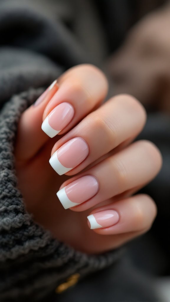 A close-up image of a hand with short nails featuring minimalist French tips.