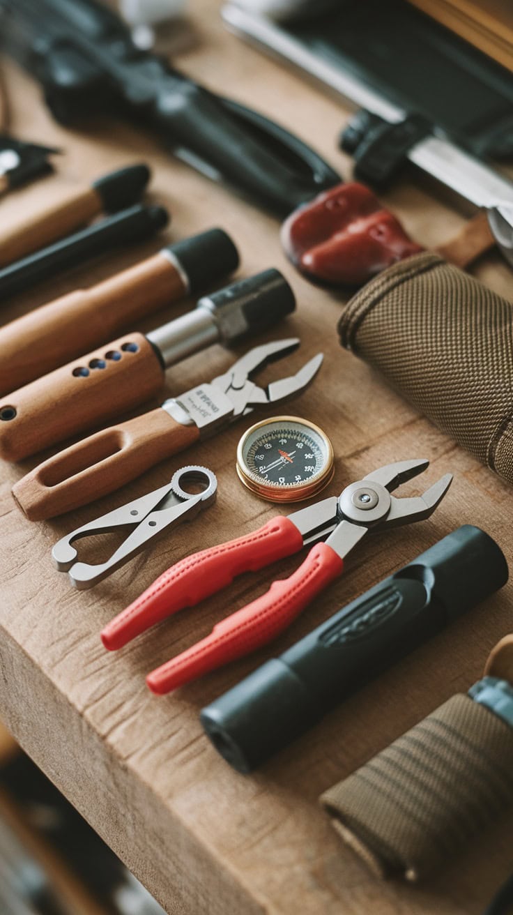 A variety of multifunctional tools including pliers, a compass, and other handy gadgets on a wooden surface.