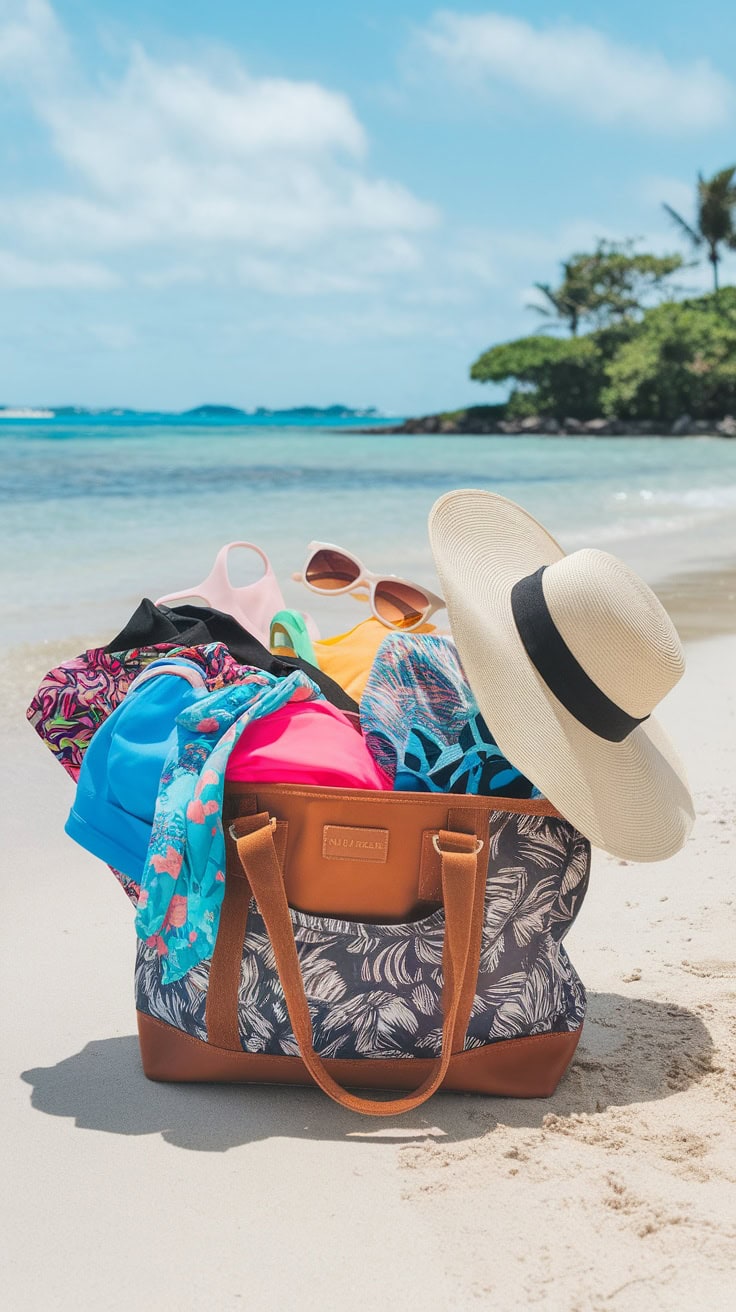 A beach bag filled with colorful clothes, a straw hat, and sunglasses is placed on the sand, resembling the perfect packing list for a Greek cruise. The ocean and a line of trees are visible in the background under a clear blue sky.
