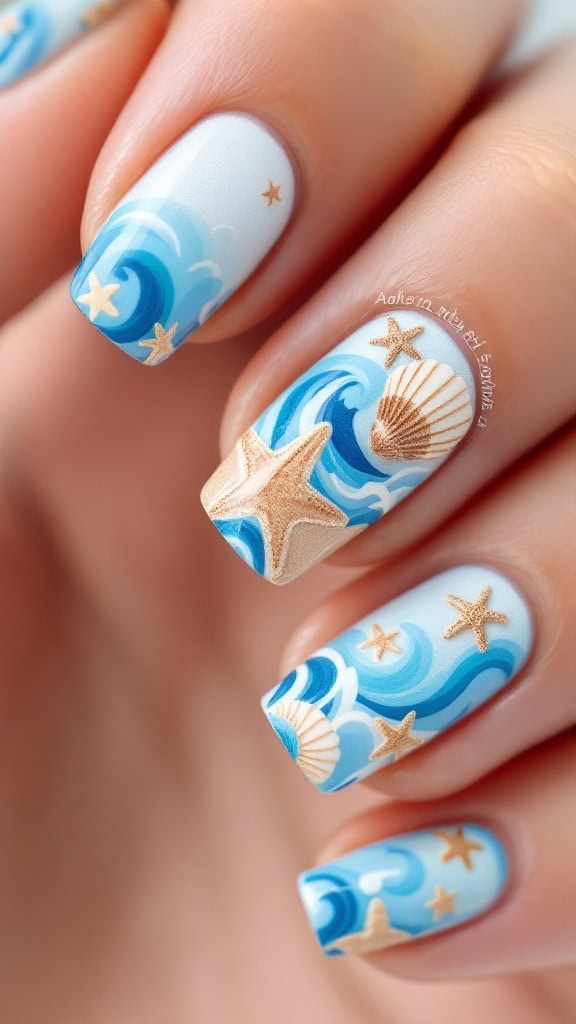 Ocean-inspired nail art featuring waves, seashells, and starfish in blue and gold colors.