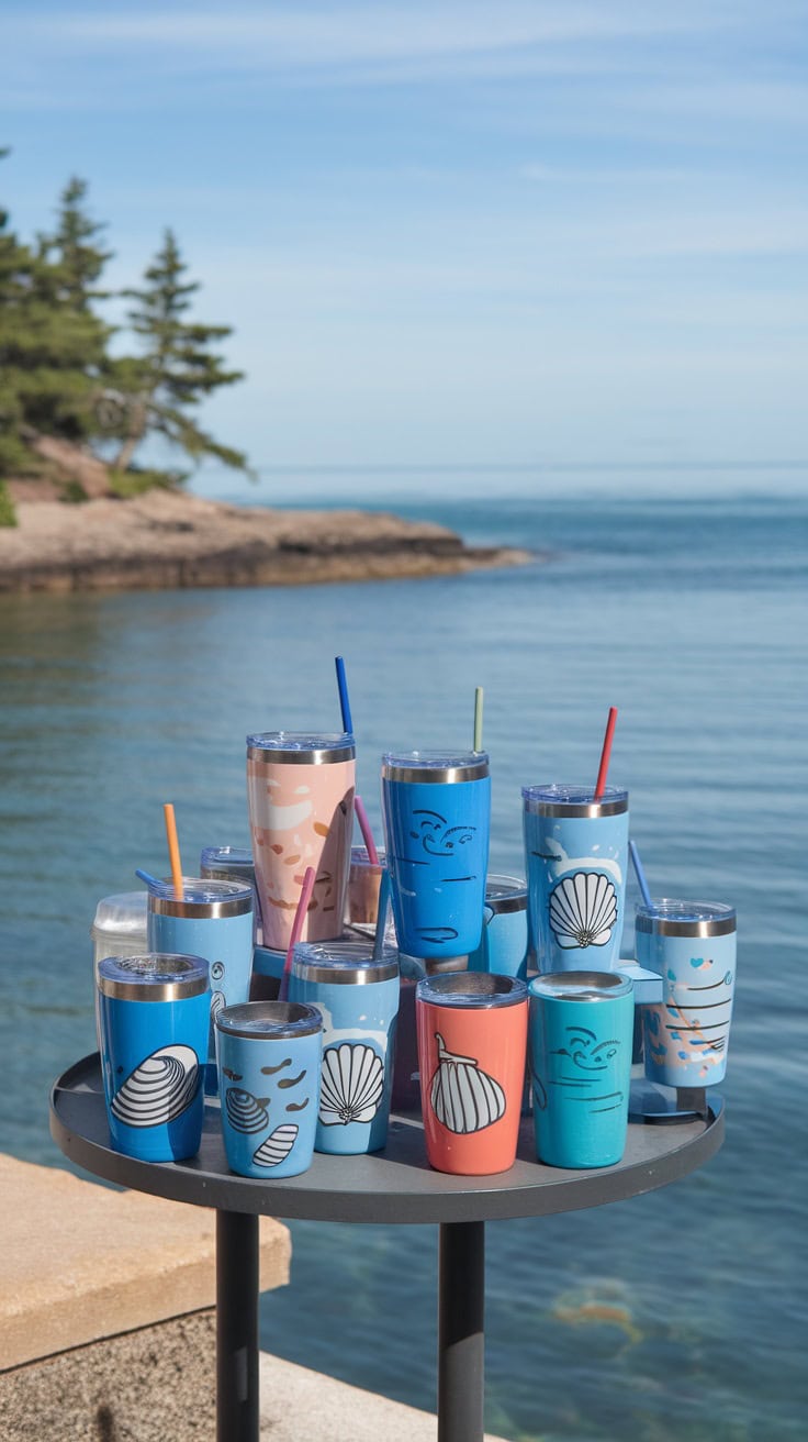 Colorful ocean-themed graphic tumblers displayed on a table by the water