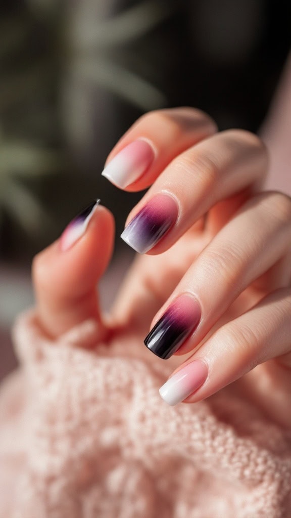 A hand showing short nails with an ombre effect featuring shades of pink, purple, and black.