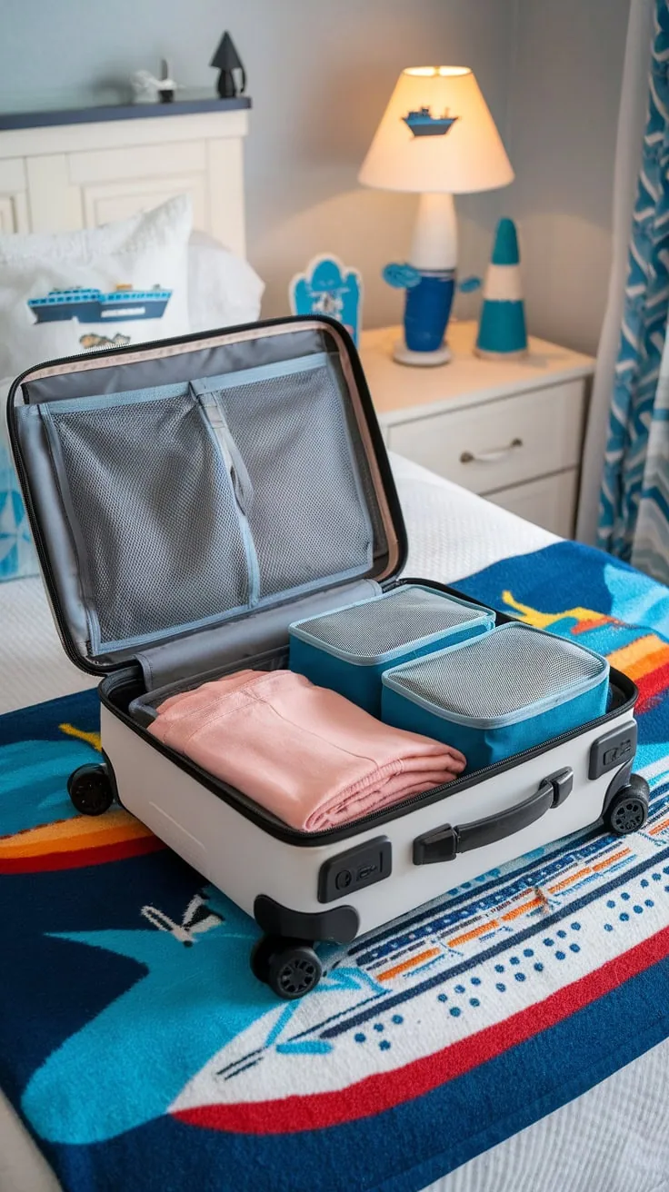 An open suitcase with neatly packed items, including a pink blanket and blue packing cubes, on a bed with a cruise-themed blanket.