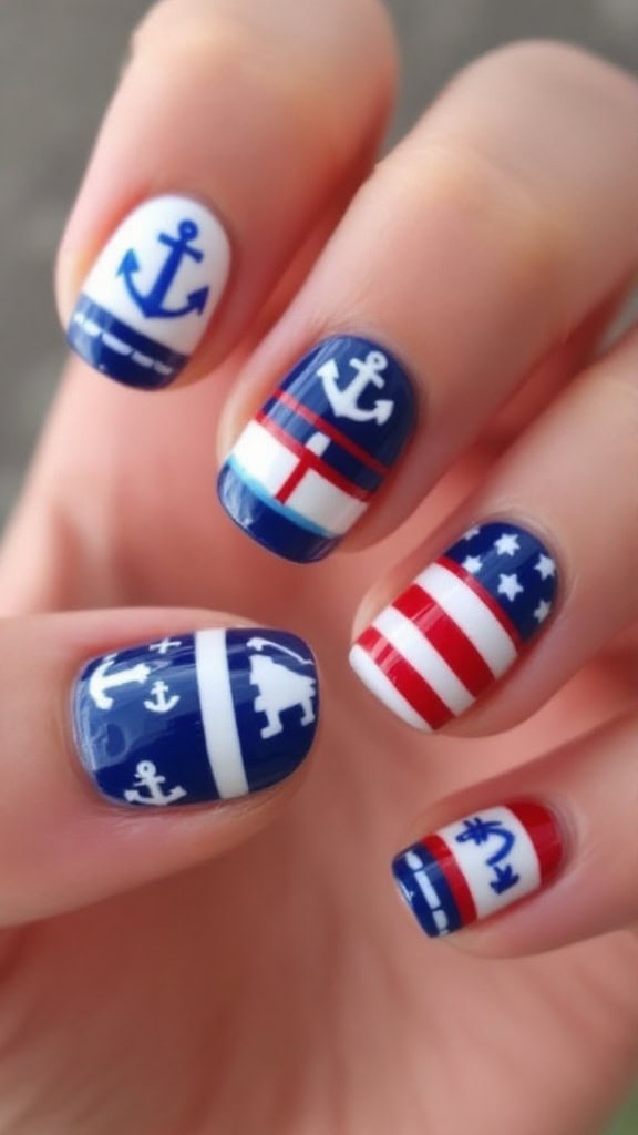 Cute nautical-themed nails with anchors, stripes, and sailboats.