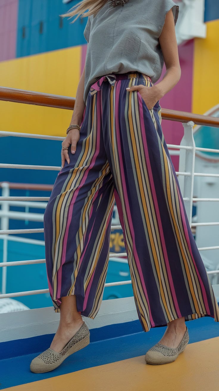 Woman wearing playful printed trousers on a cruise ship.