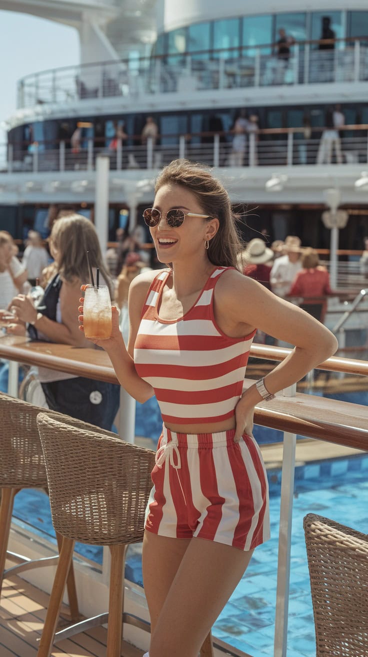 A woman wearing a red and white striped tank top and shorts, enjoying a drink on a cruise ship.